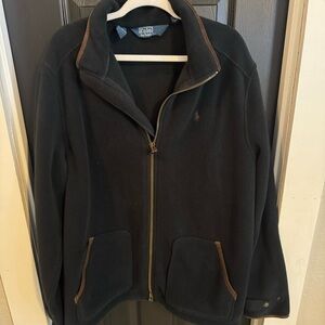 Polo Ralph Lauren Vtg 90s Black Fleece Full Zip Fleece Leather Trim Jacket XLT
